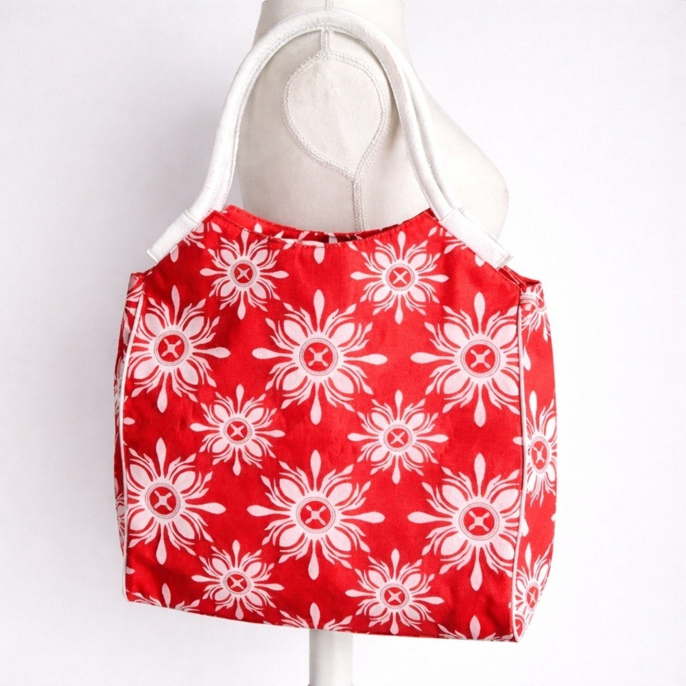 Lancome NEW Cherry Red White Sunburst Floral Tote Shoulder Travel Beach Bag
